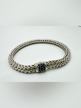 John Hardy Silver Braided Bracelet with Black Sapphire Stone Accents